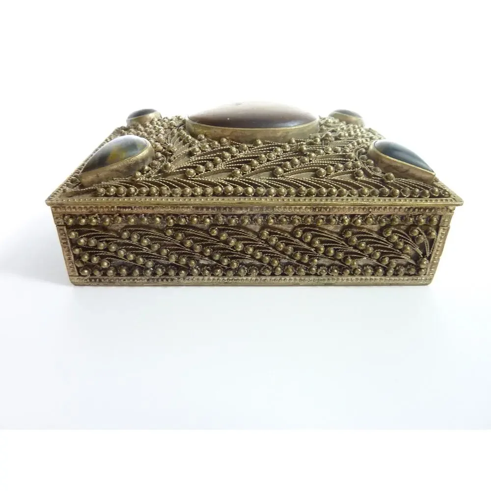 Vintage Tibetan Filigree Brass Trinket Box Nepal Tigers Eye Jewelry Chest MCM